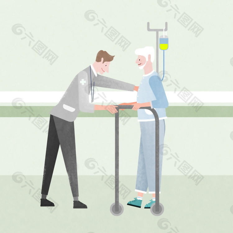 老人康复复建医疗场景插画
