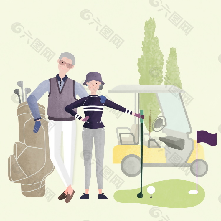爷爷奶奶打高尔夫舒适生活插画