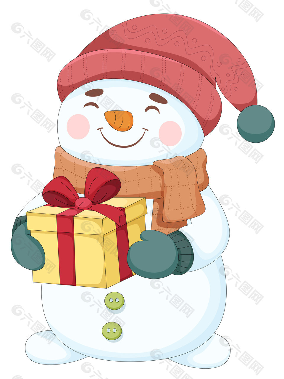 卡通小雪人冬季戴帽子围巾拿礼物插画
