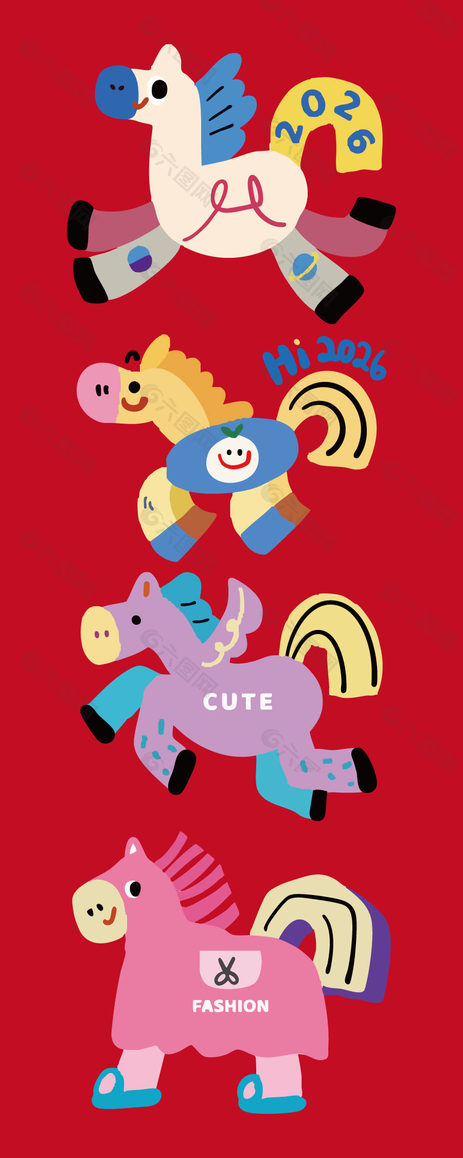 2026马年卡通趣味新年春节可爱马插画