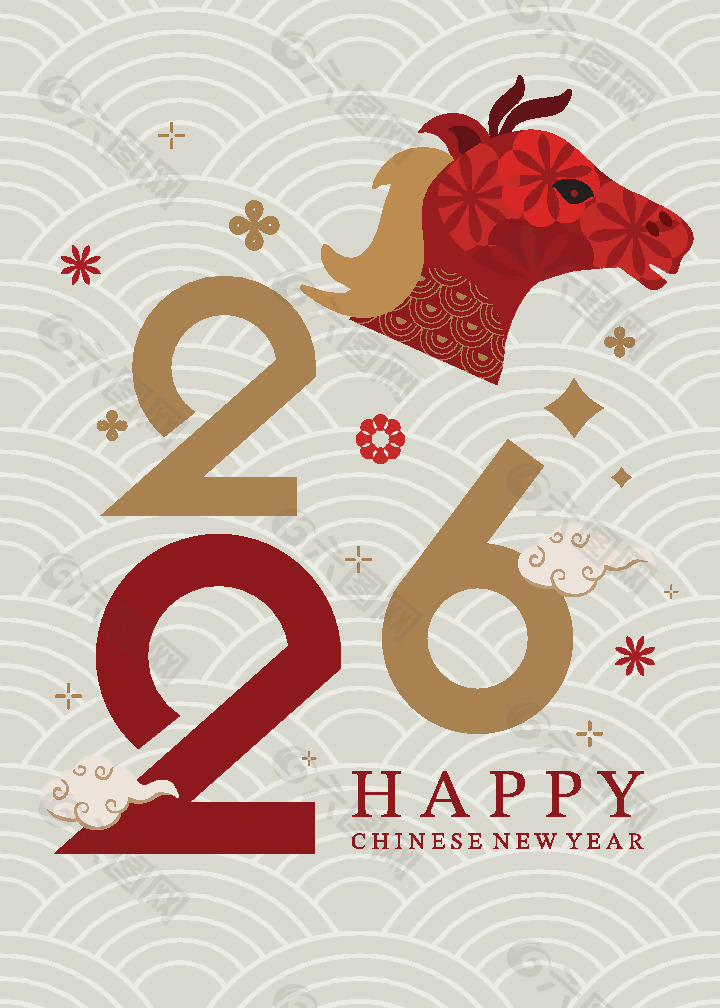 几何中国风2026马年新年海报