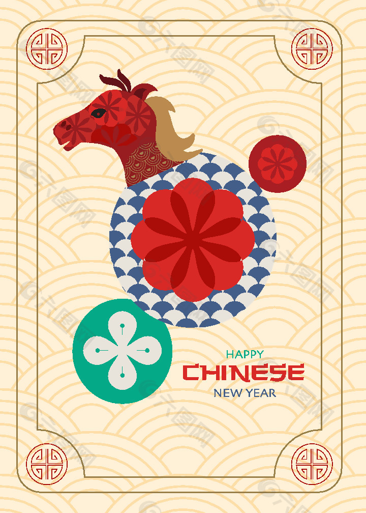 几何中国风马年新年快乐海报