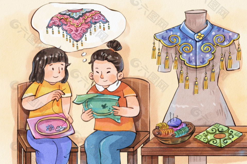 清新水彩手绘非遗文化云肩插画