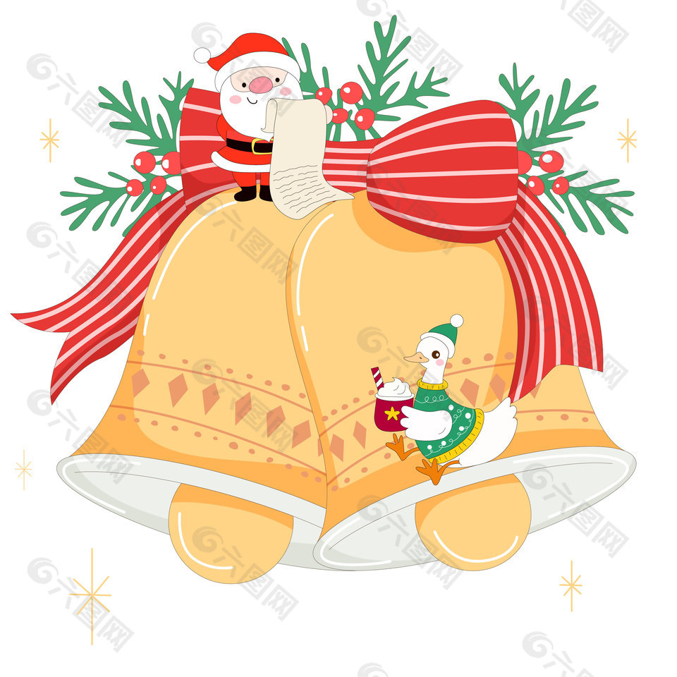 圣诞节圣诞老人和小鸭子送礼物节日插画