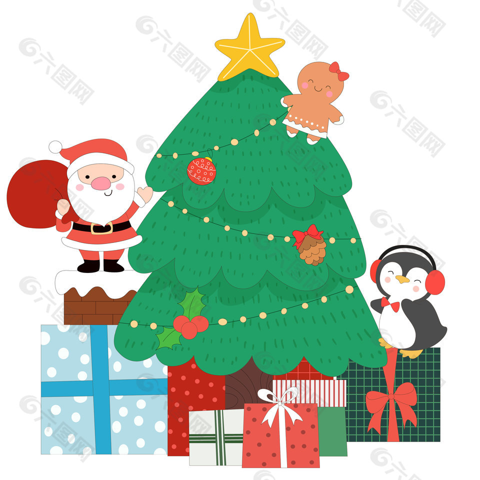 圣诞节圣诞老人和小企鹅送礼物卡通插画