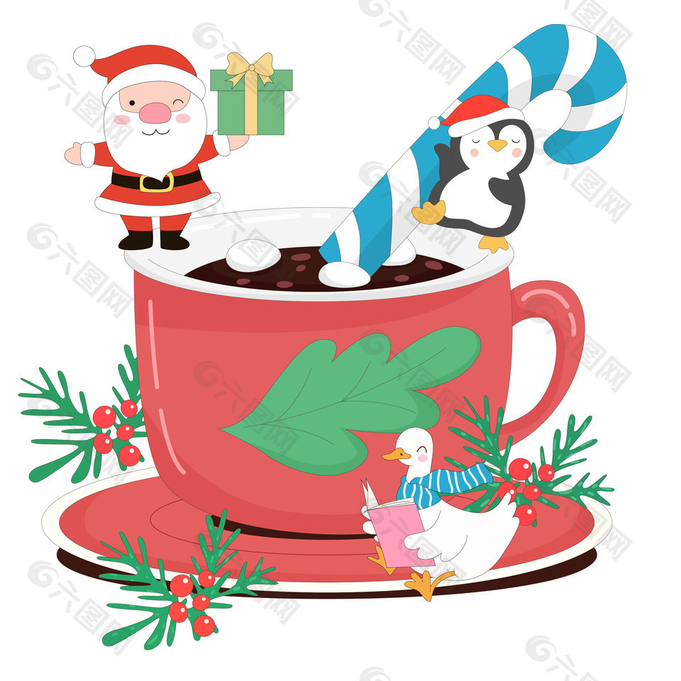 圣诞节圣诞老人和小企鹅喝热饮送礼物插画