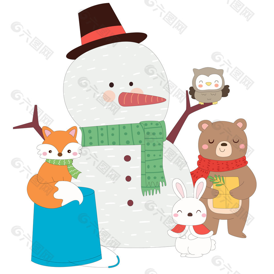 冬季圣诞节小动物齐聚节日卡通插画