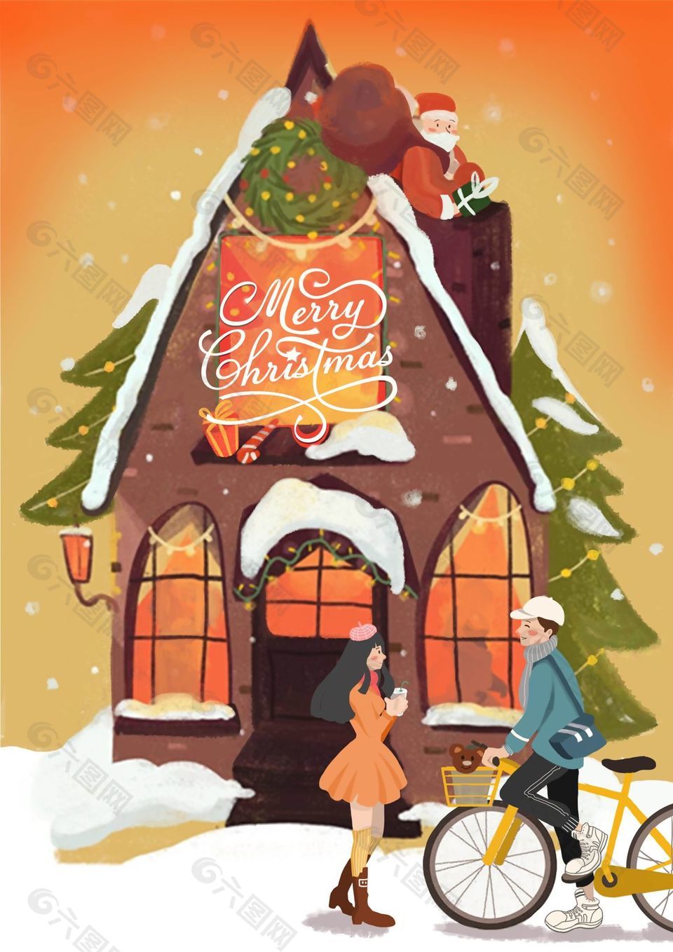 浪漫雪景情侣约会圣诞插画