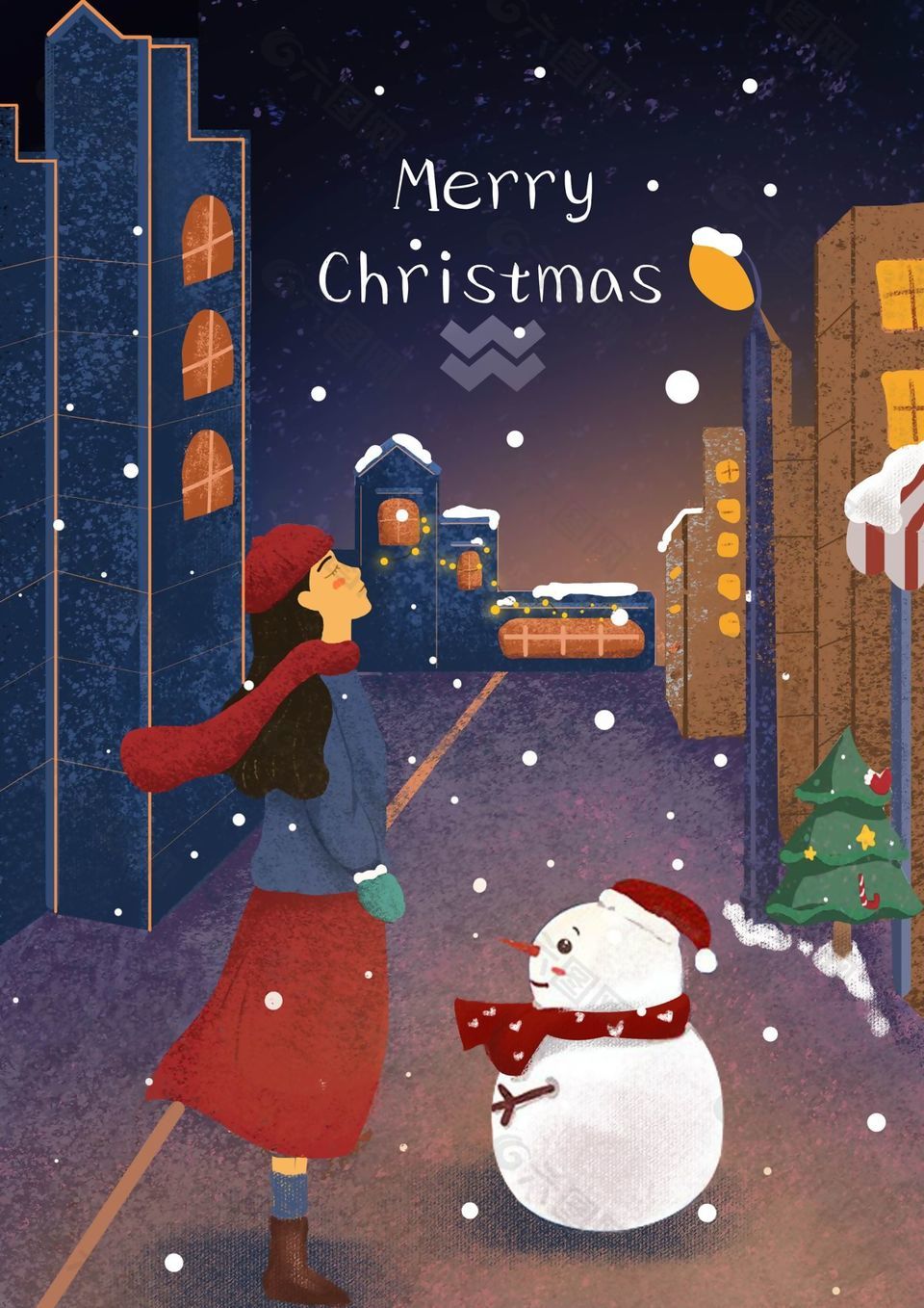 卡通风格圣诞快乐堆雪人插画