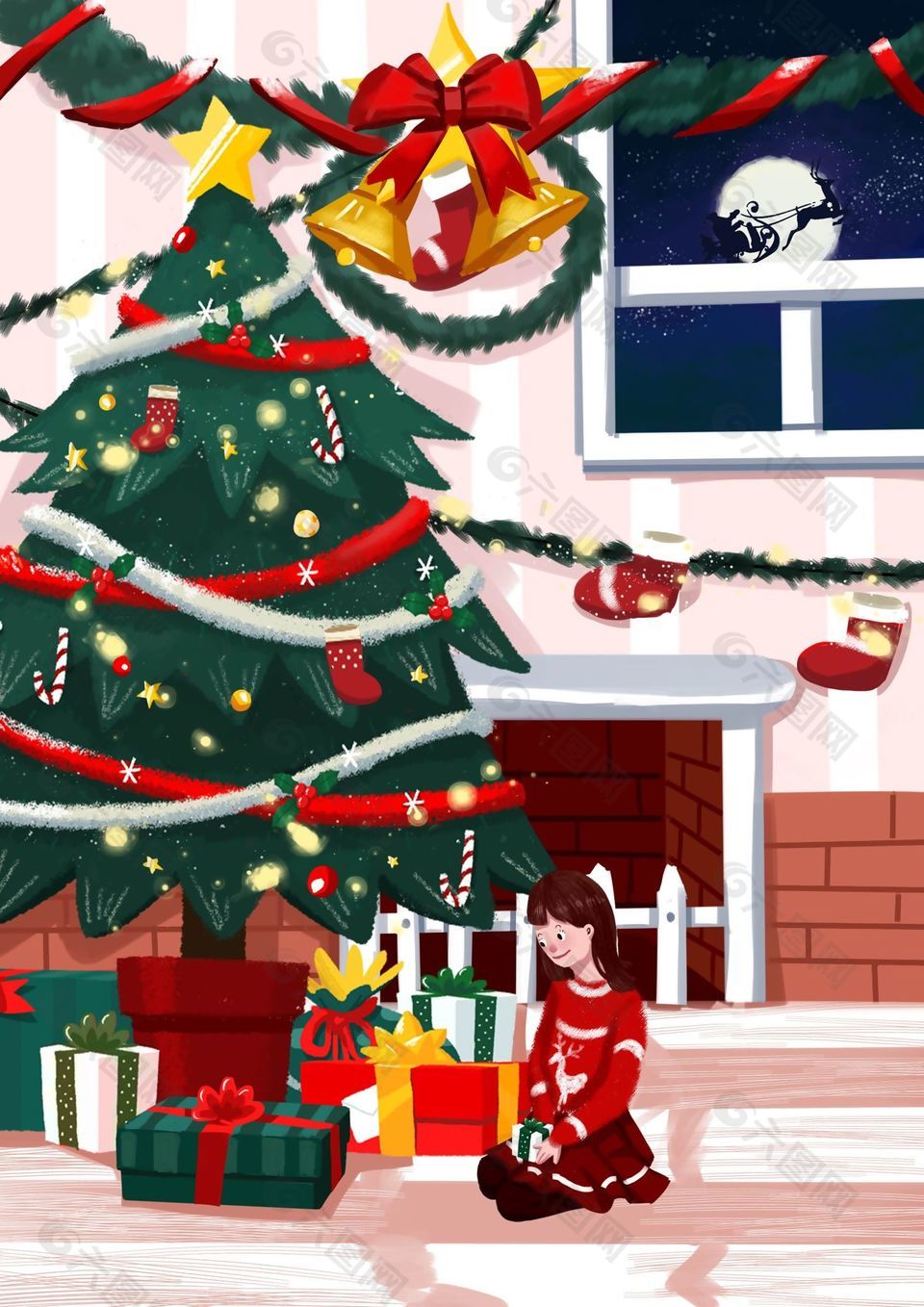 温馨卡通水彩风圣诞节插画