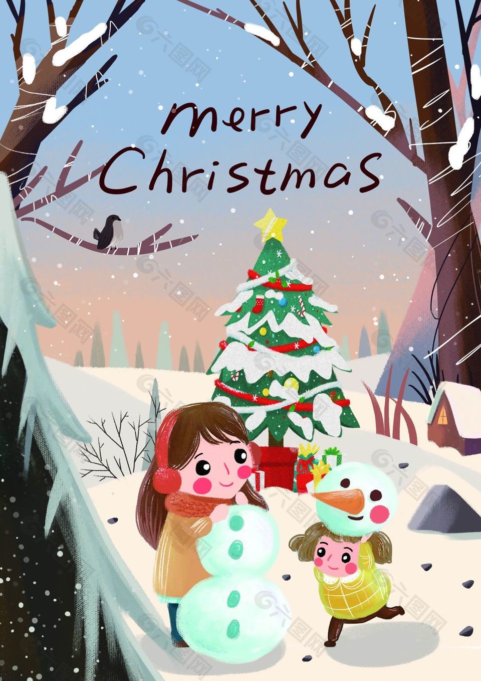 卡通森林雪景圣诞节插画