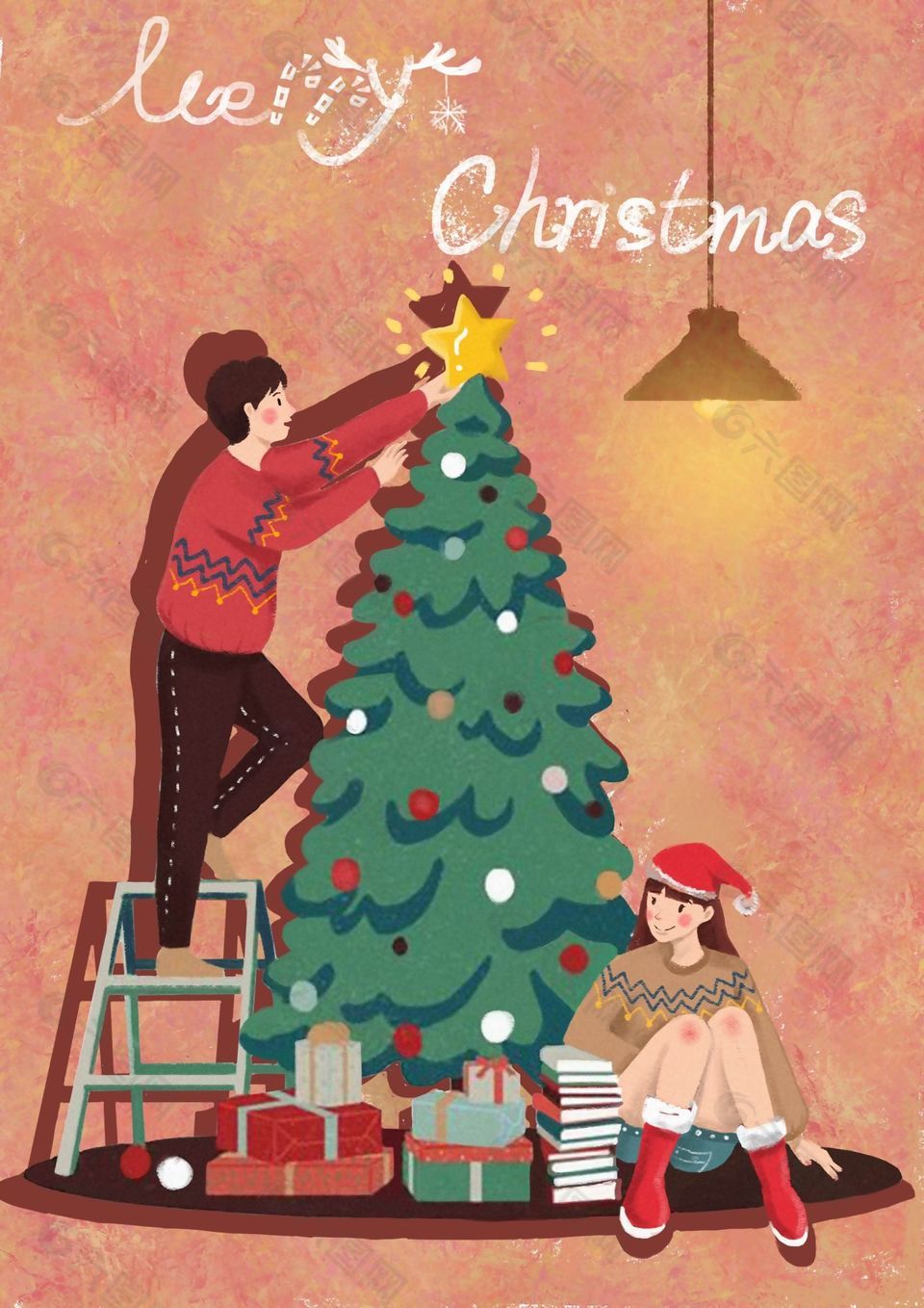 一起装饰圣诞树圣诞节插画