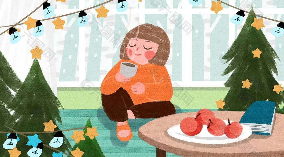 惬意舒服居家过圣诞节日插画