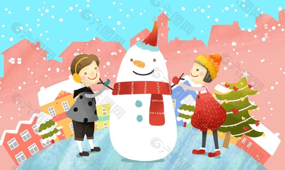 卡通风圣诞节堆雪人场景插画