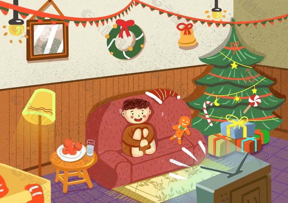 惬意悠闲居家过圣诞节日插画