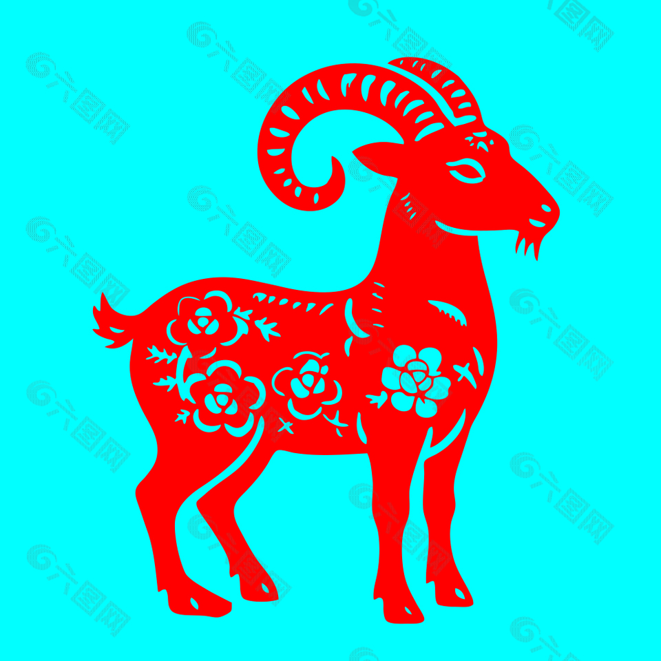 红色喜庆山羊剪纸图案