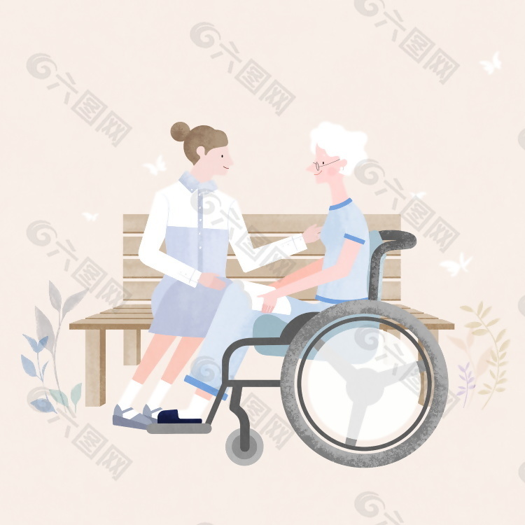 护理人员照顾老人场景插画