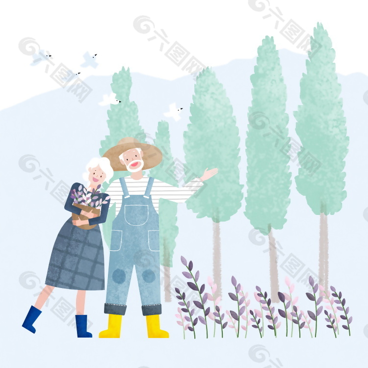 爷爷奶奶退休自在度假生活插画