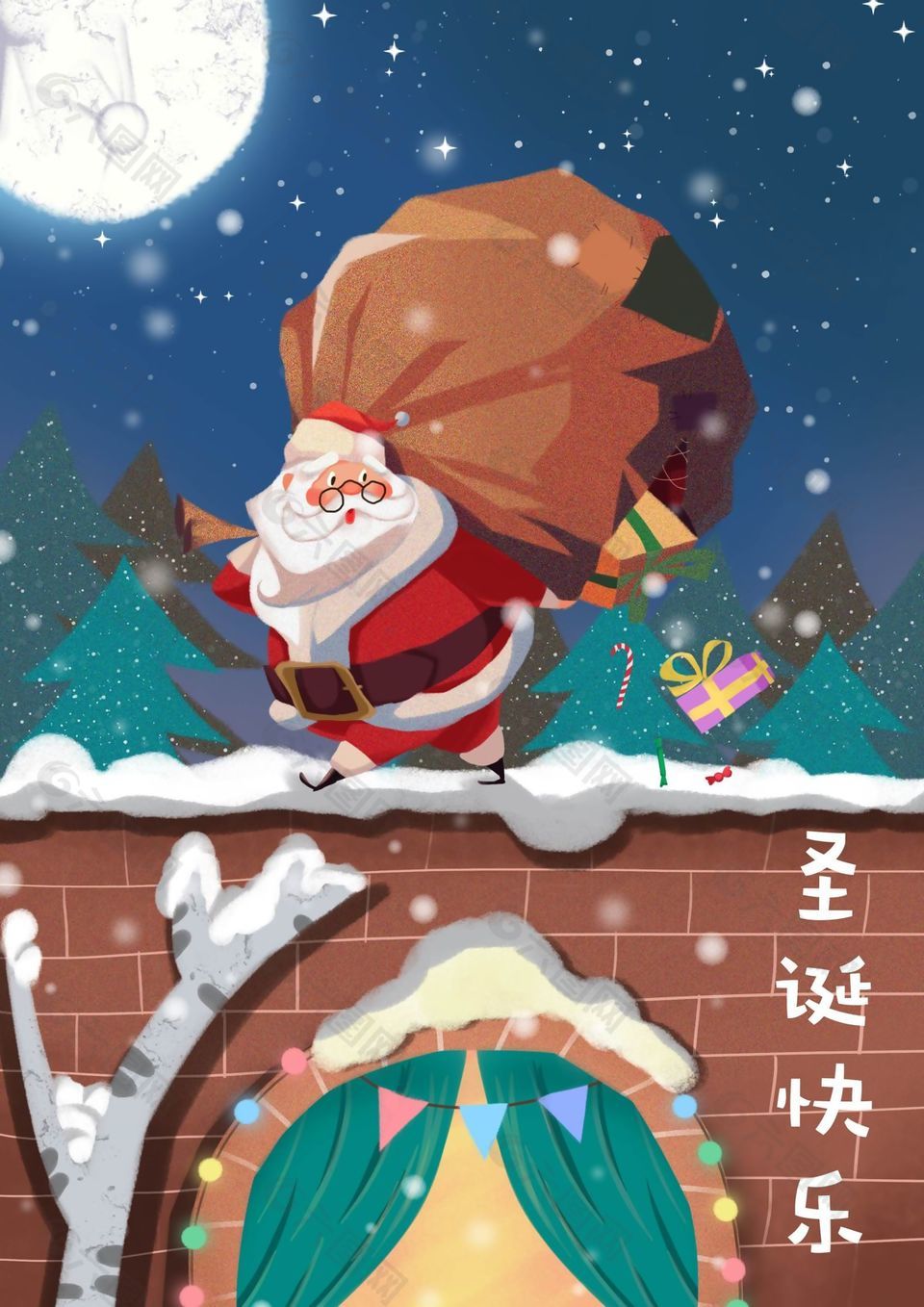 可爱水彩风圣诞老人送礼物插画