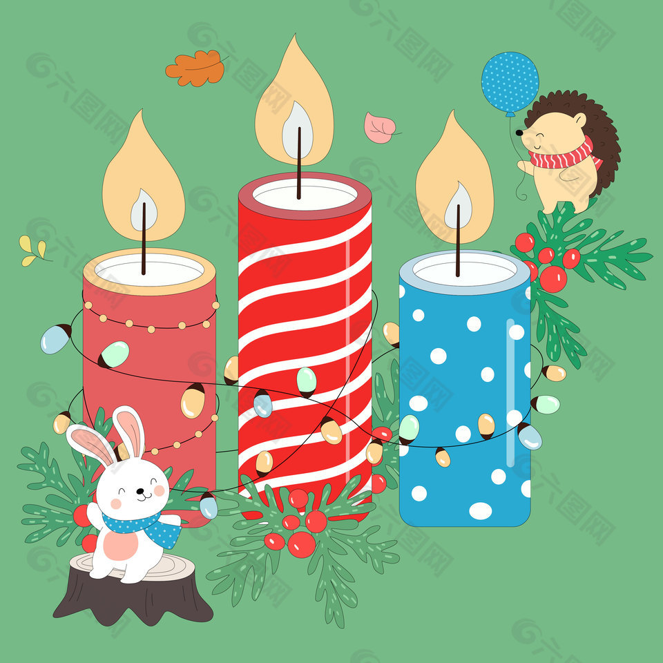 圣诞节小动物点蜡烛节日插画