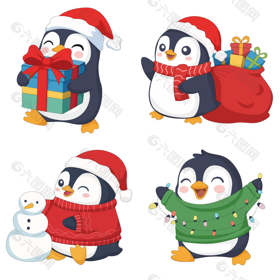 企鹅戴帽子欢度圣诞节节日插画