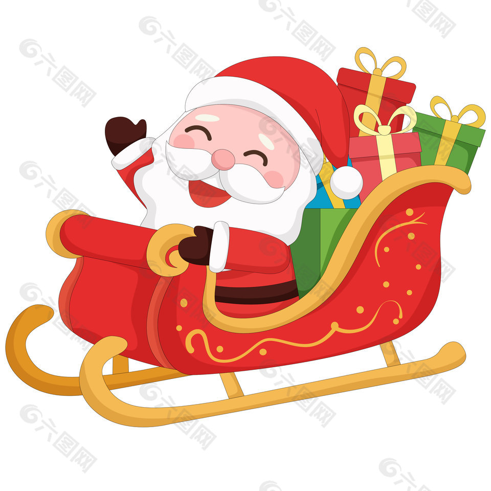 圣诞老人开雪橇车送礼物卡通节日插画