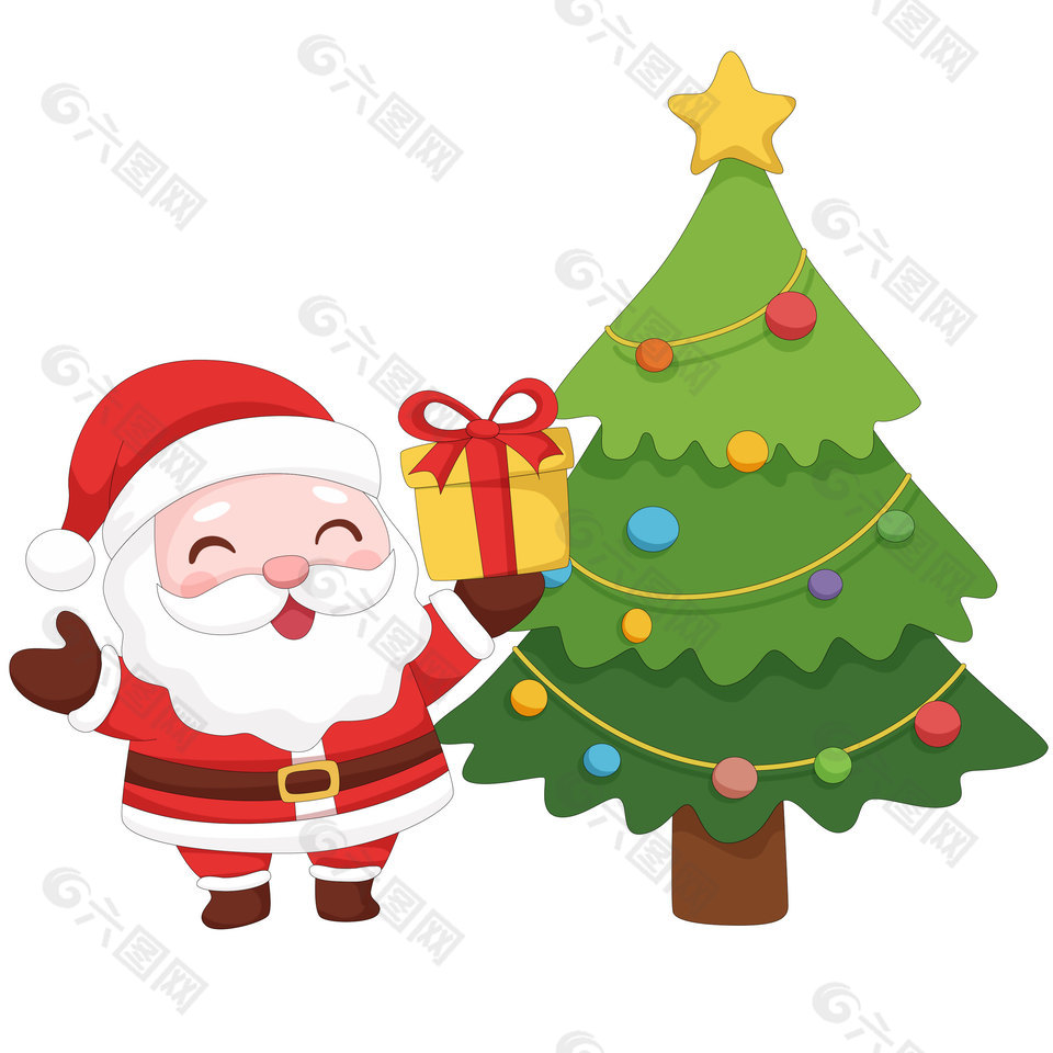 圣诞老人在圣诞树旁送礼物节日插画