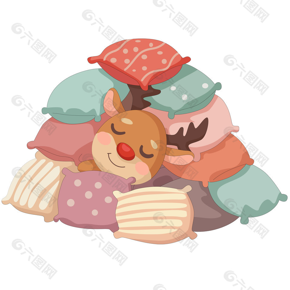 圣诞节驯鹿枕枕头睡觉节日插画