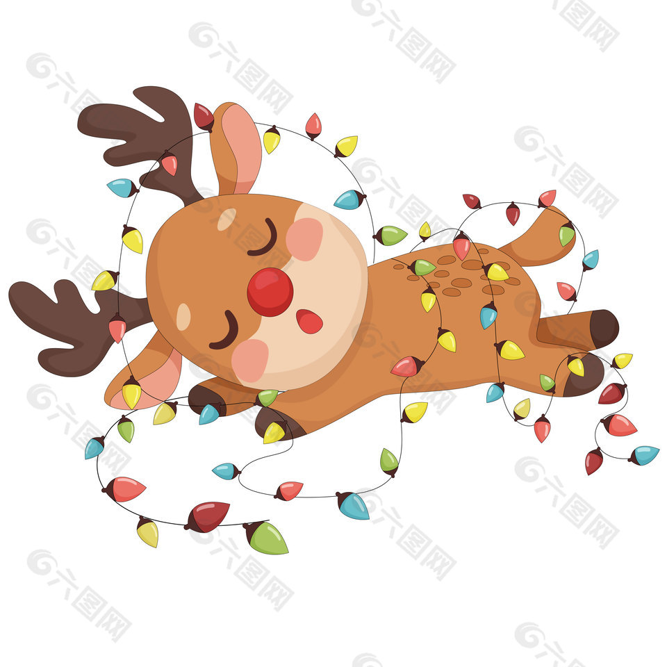 圣诞节驯鹿裹彩灯睡觉卡通节日插画