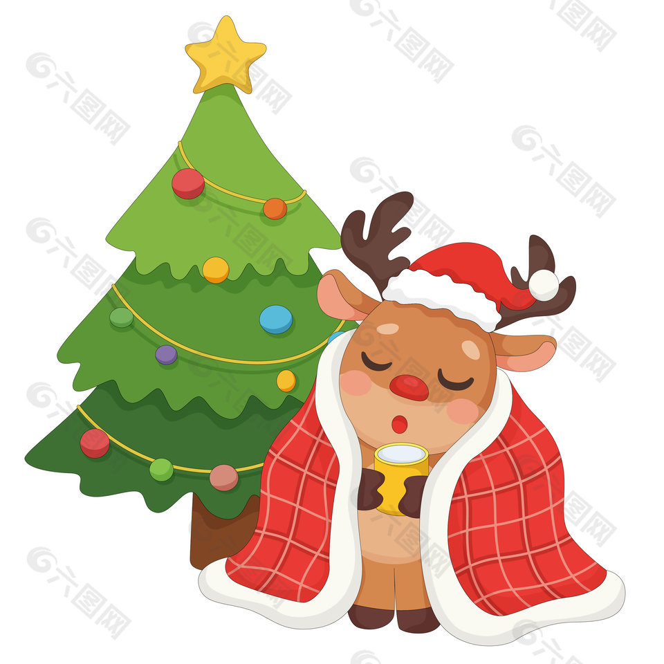 驯鹿披毯子喝热饮过圣诞节日插画