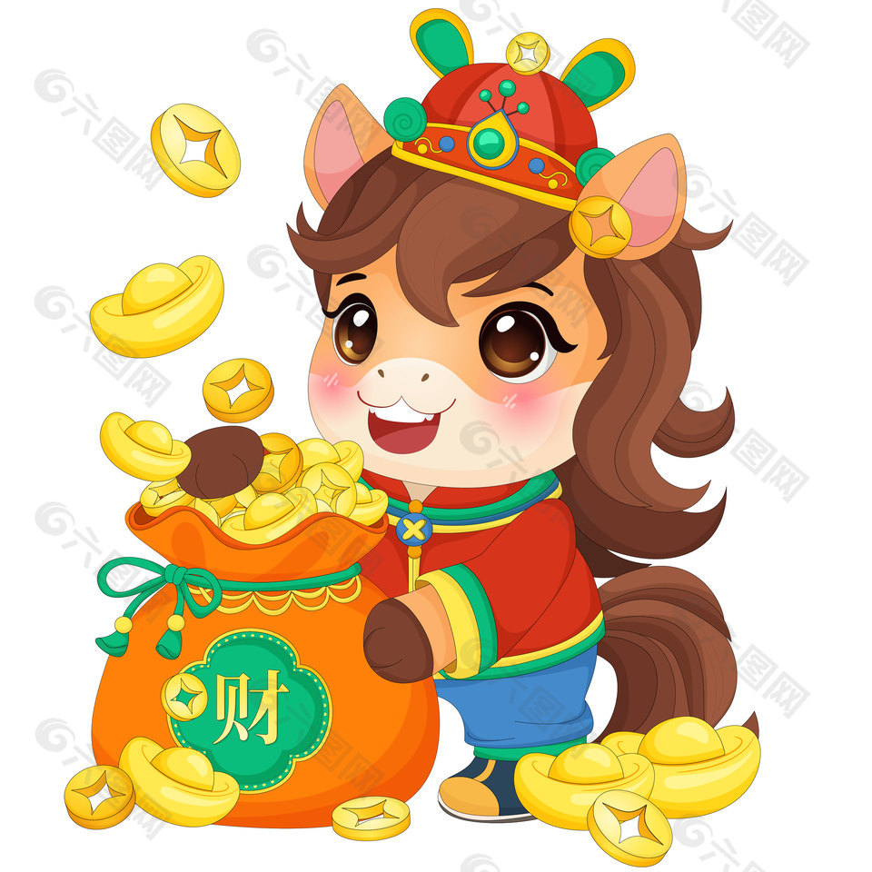 马年春节小马驹捧钱袋传统节日插画