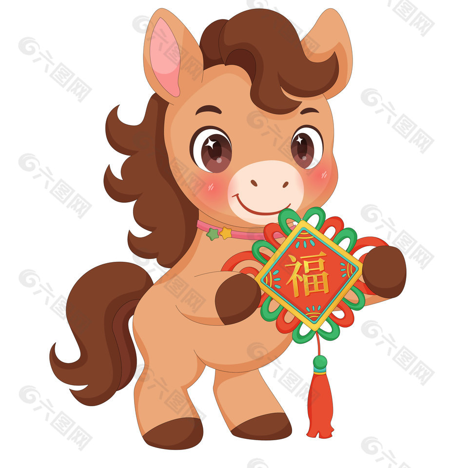马年春节小马驹捧中国结传统节日插画