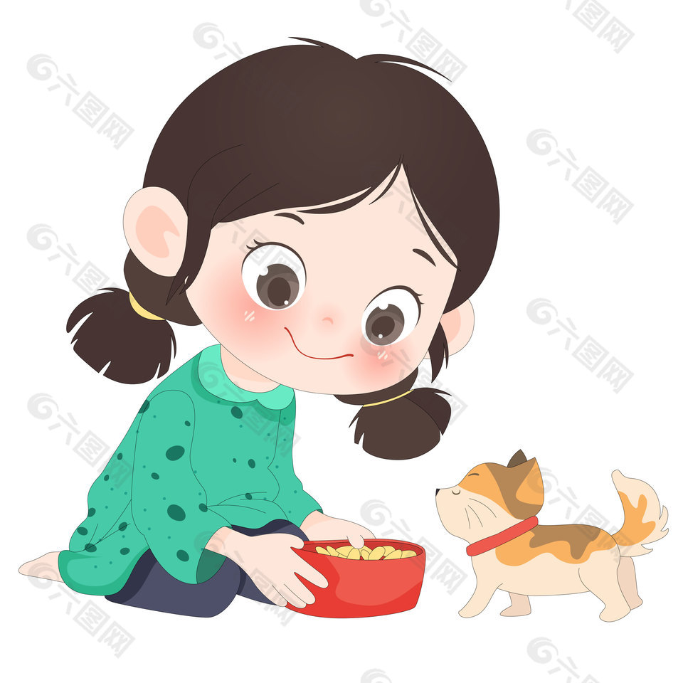 小朋友喂小猫崽卡通儿童插画