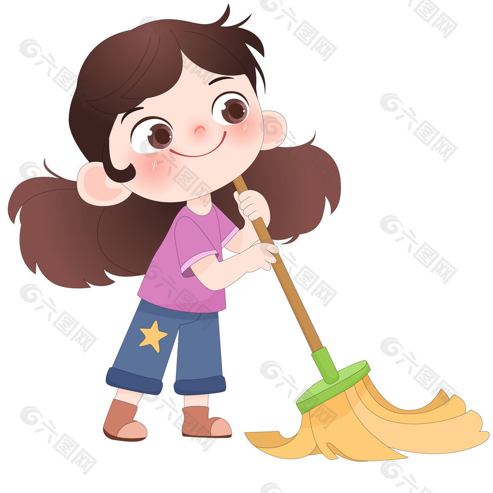 孩子做家务拿扫把扫地卡通儿童插画