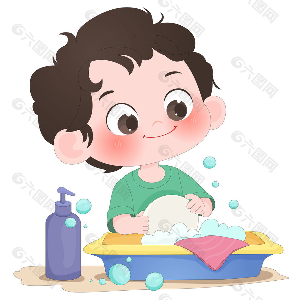 小朋友做家务刷盘子儿童插画