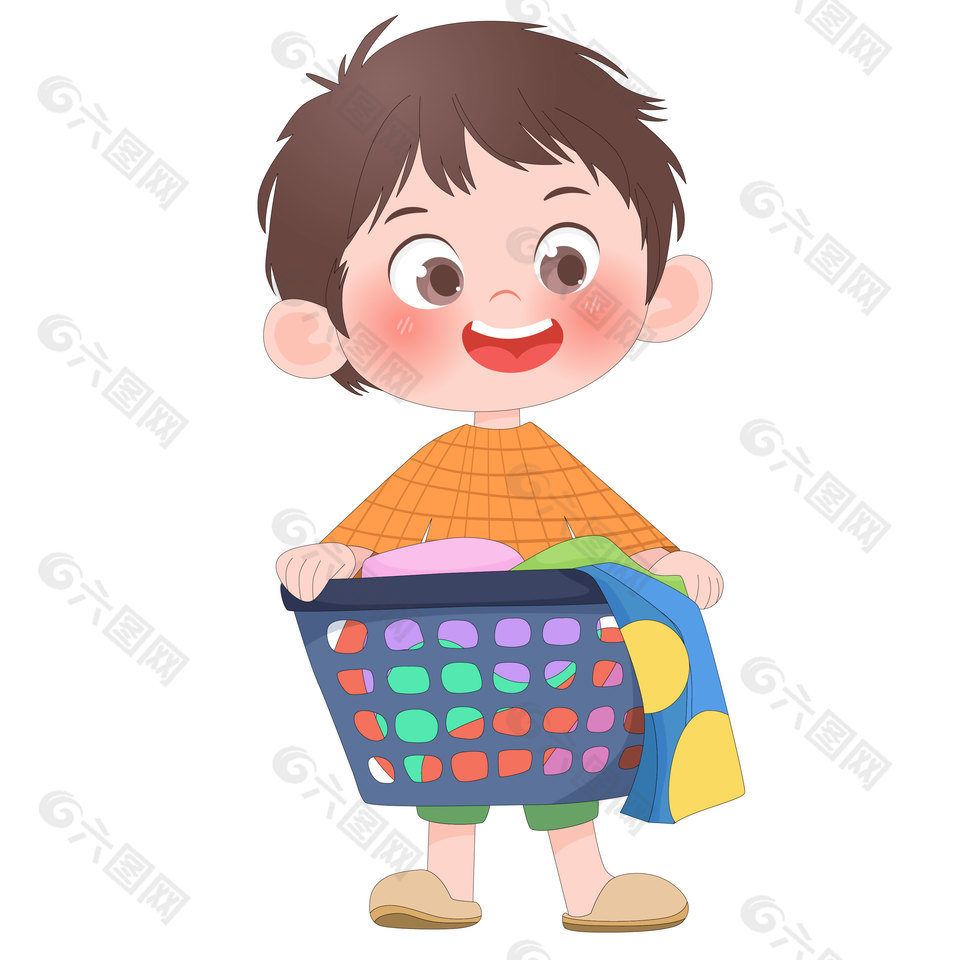 小朋友做家务搬脏衣篮卡通儿童插画