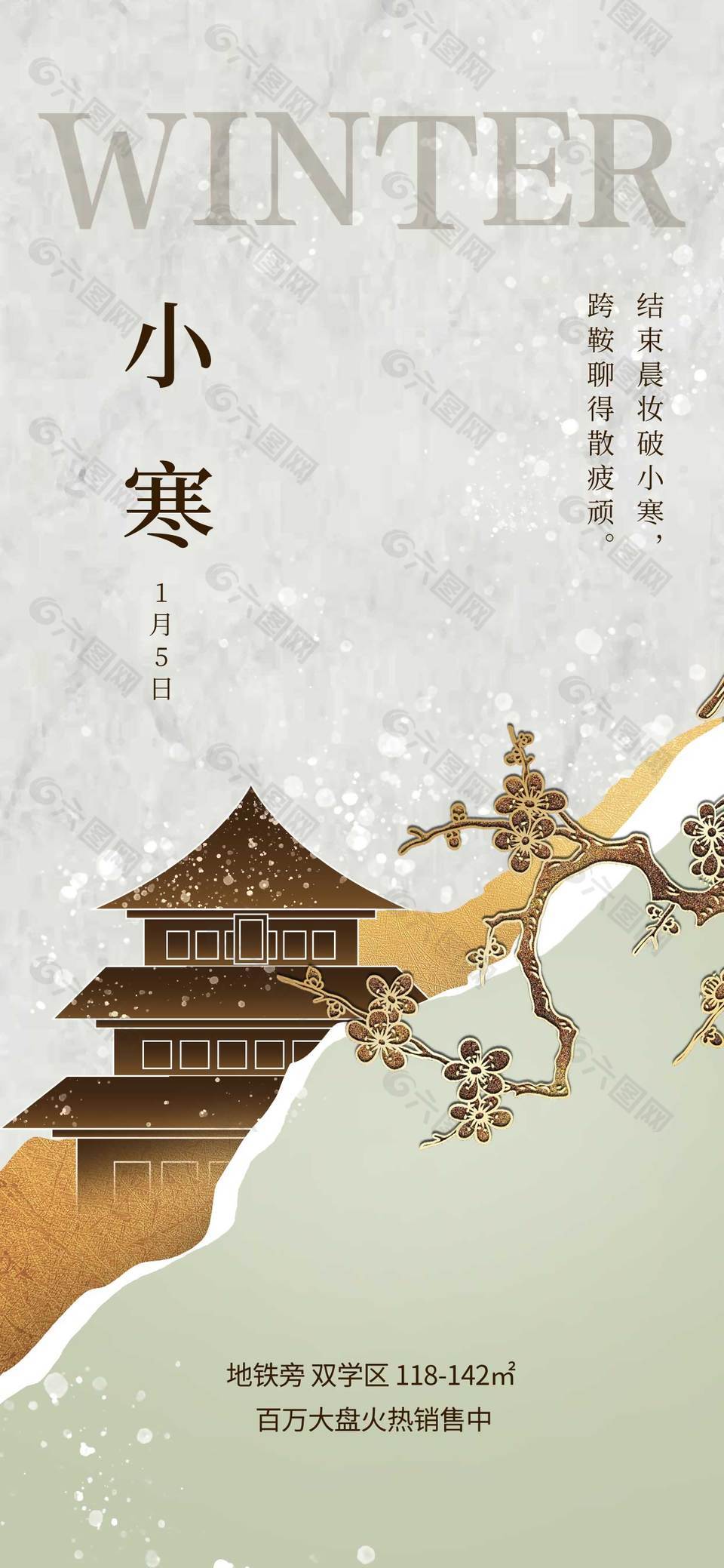 小寒时节雪花飞舞传统节气海报