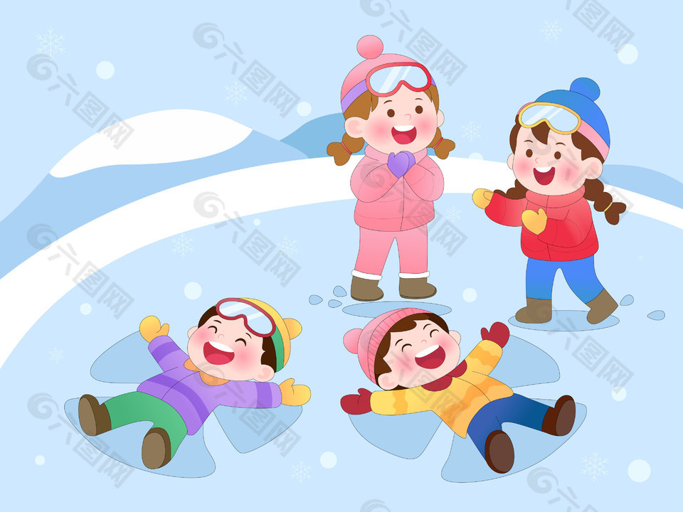 冬季儿童户外雪地打雪仗卡通插画