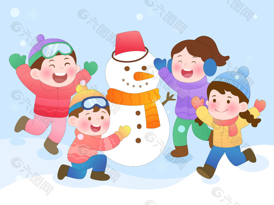 冬季小朋友们户外堆雪人卡通插画