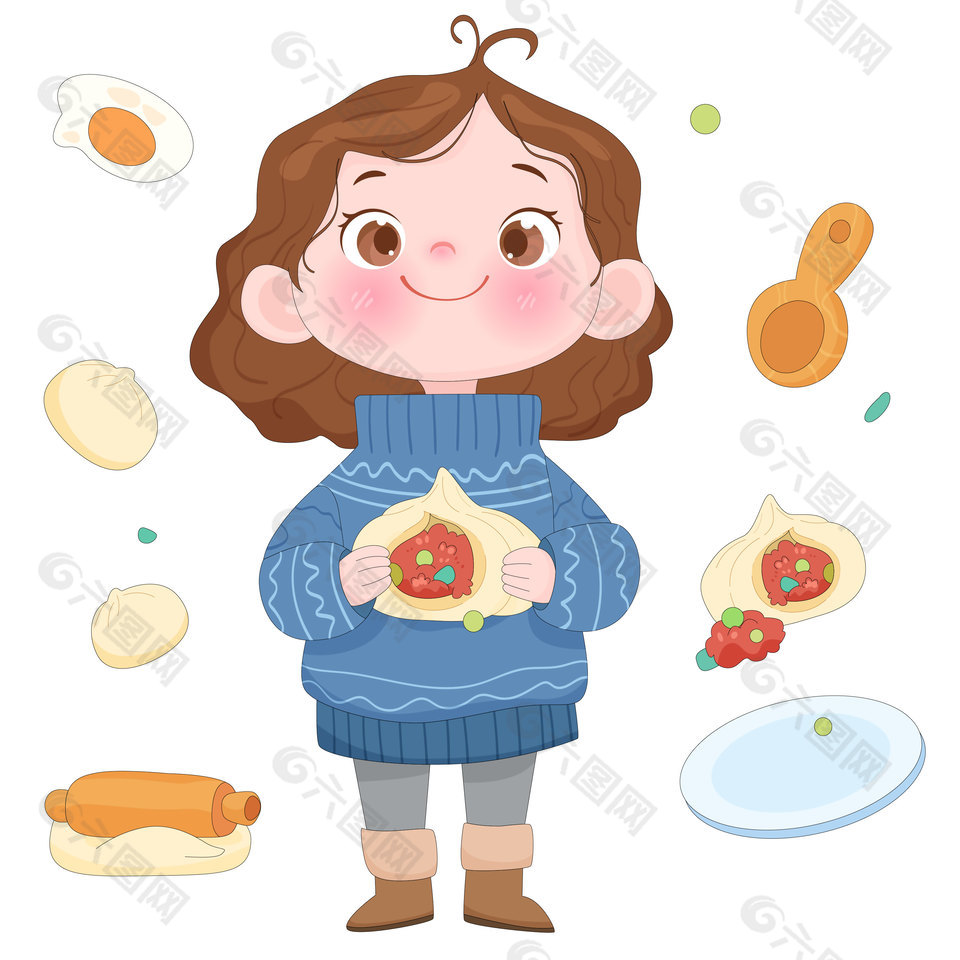 小朋友拿包子美食卡通风格插画
