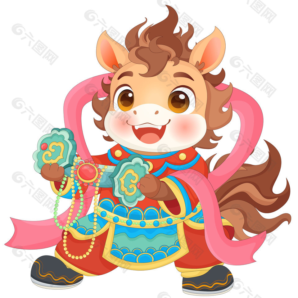 马年春节小马驹捧玉如意卡通插画