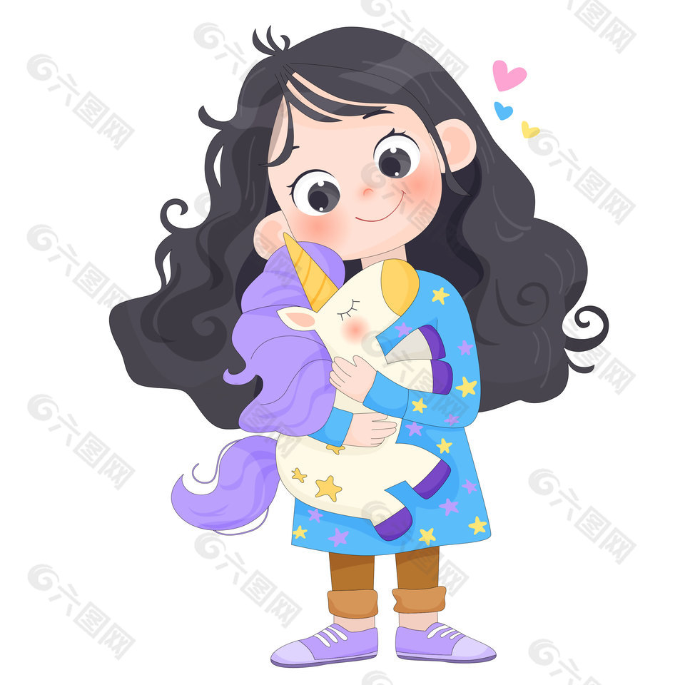小女孩拿紫色独角兽玩具卡通儿童插画