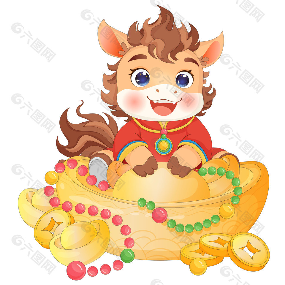 马年春节小马驹捧聚宝盆卡通节日插画