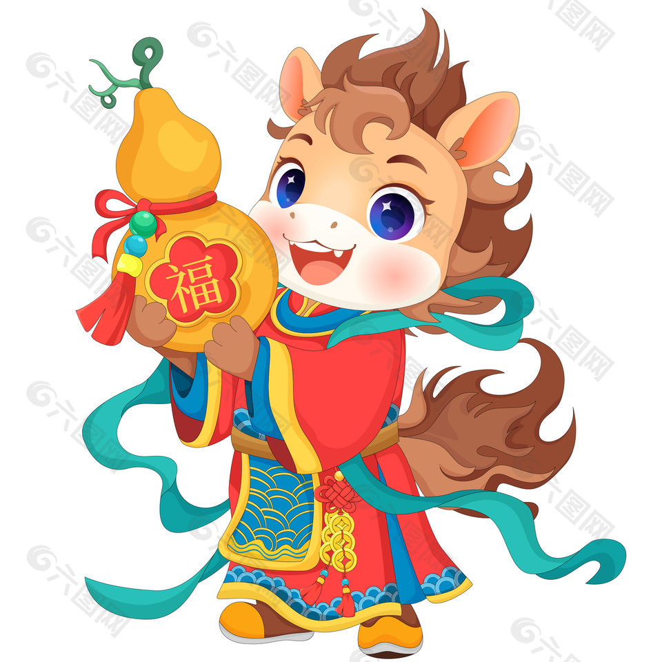 马年春节小马驹捧葫芦卡通插画