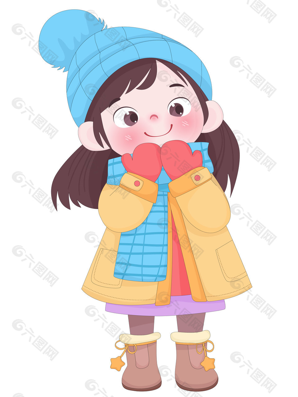 小女孩穿黄色保暖冬装卡通插画