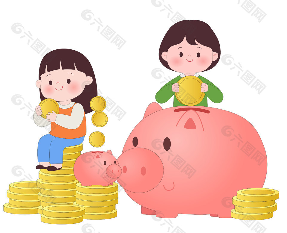小朋友可爱粉色小猪存钱罐儿童教育插画