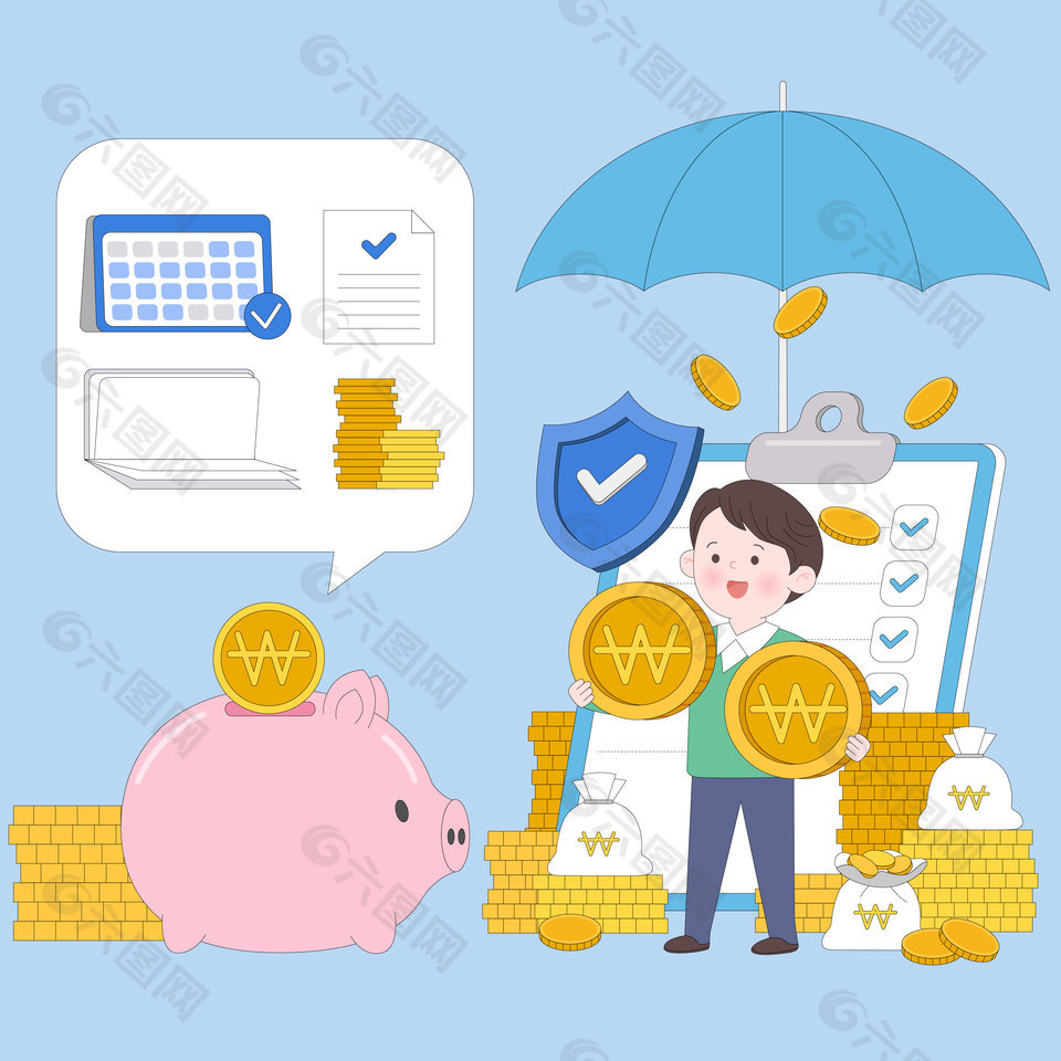 金融理财金币储蓄罐养老保险养老金财商插画