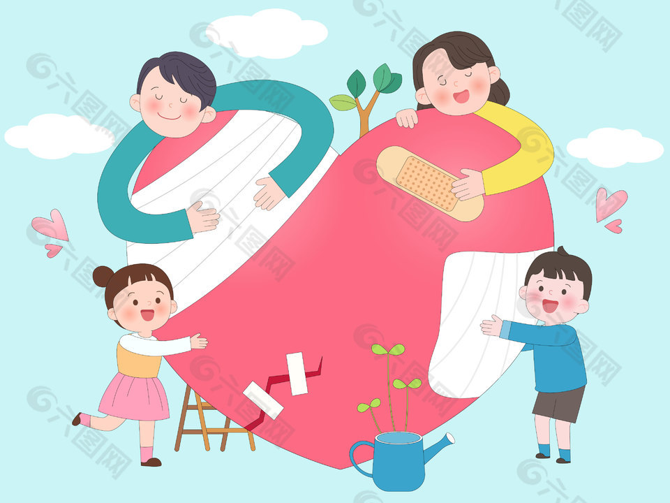 家庭教育家人相互治愈心理健康插画