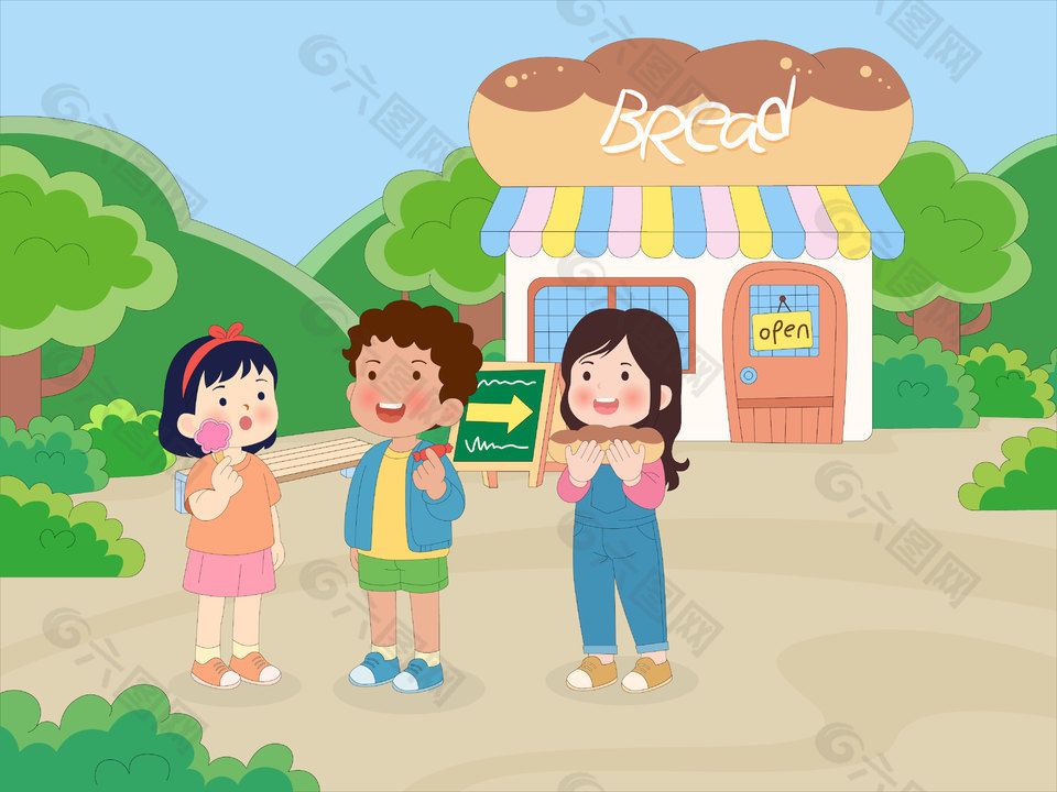 春天孩子公园郊游玩耍分享食物卡通插画