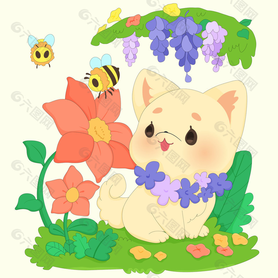 春天紫藤花开小精灵卡通儿童插画